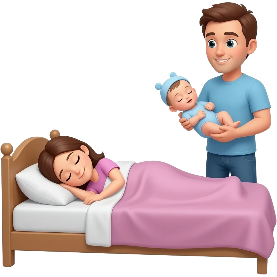 mujer durmiendo en la cama, mientras hombre a upa con un bebe emoji