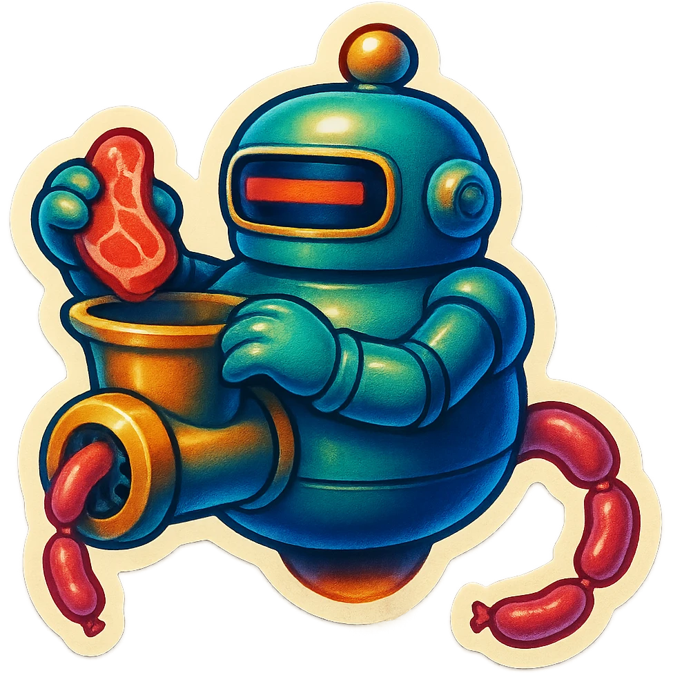 a robot that uses arms to put meat in large hole on top. sausage links come out robots rear. no legs on robot. robot hovers. robot feeds itself meat emoji