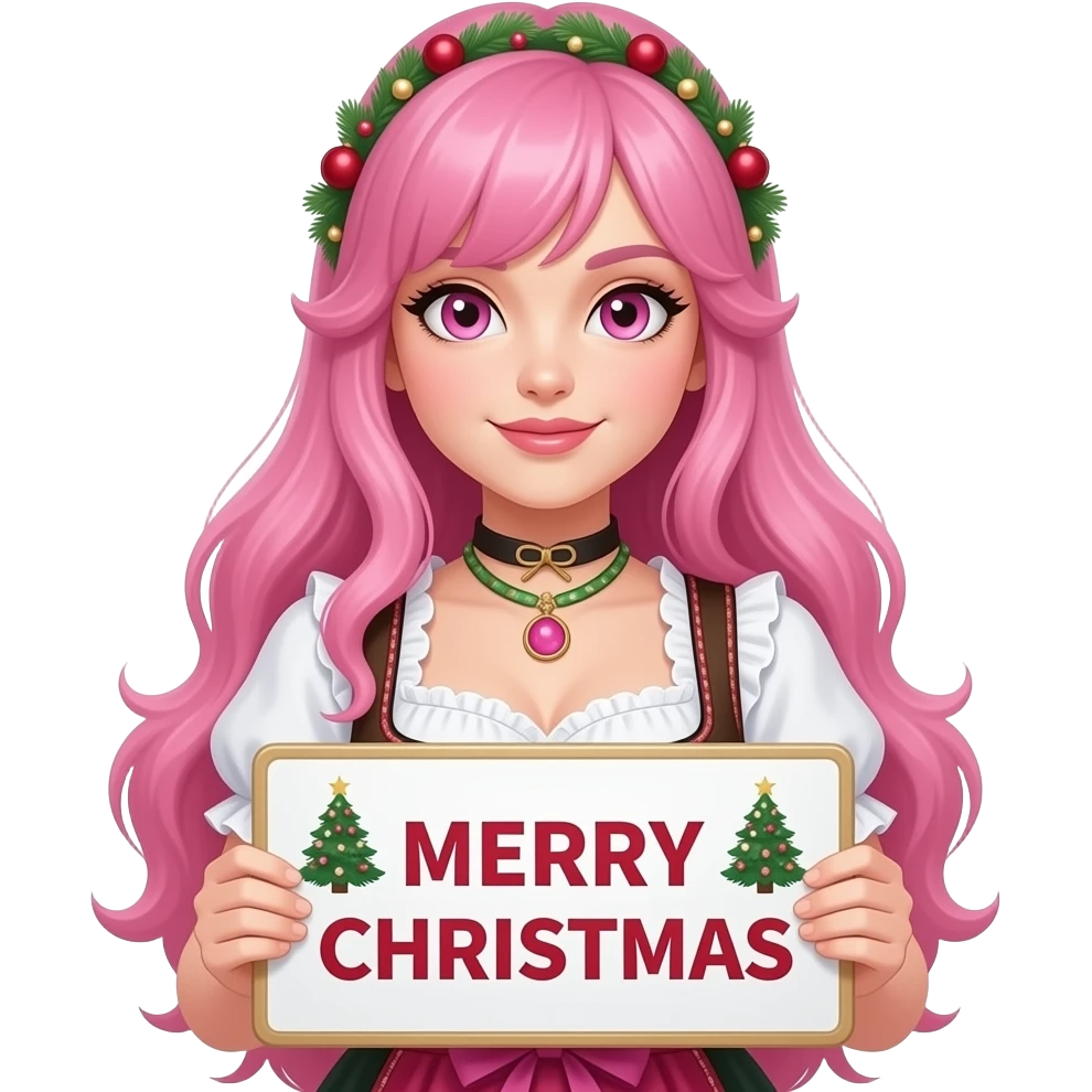 sexy girl with long pink hair and pink eyes wearing a dirndl holding a MERRY CHRISTMAS sign emoji