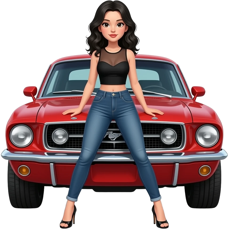pale girl with black wavy hair in front of a red ford mustang 1968 coupe. Girl wearing a sheer black sleeveless top, jeans and heels with visible toes, legs spread and hands resting on the hood. emoji