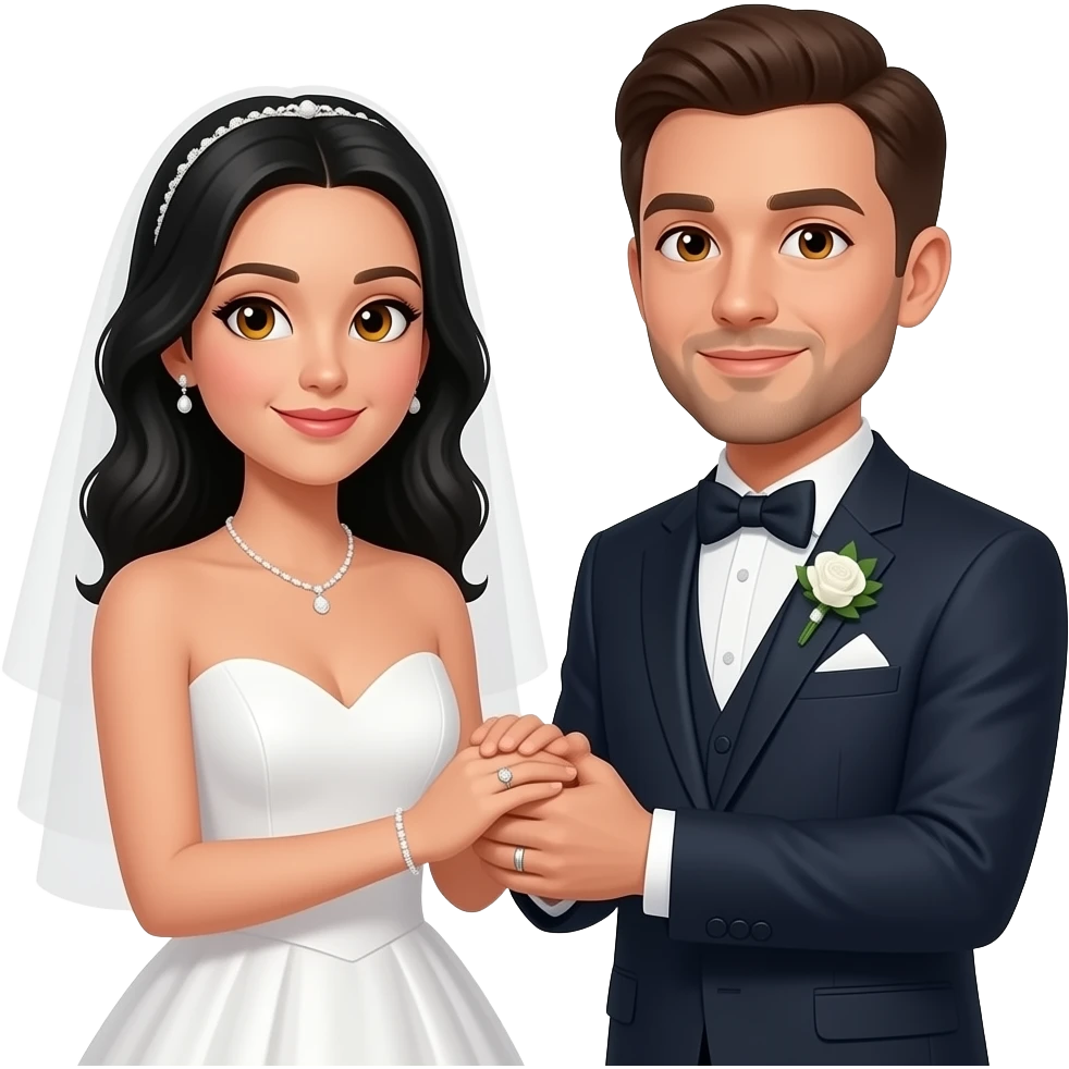 Hombre y mujer se casan mujer pelo negro de ojos miel Agarrados de la mano con anillo emoji