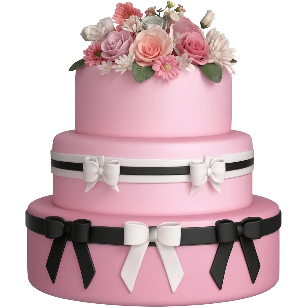 Pastel pink shaped birthday cake with black and white bows and flowers emoji