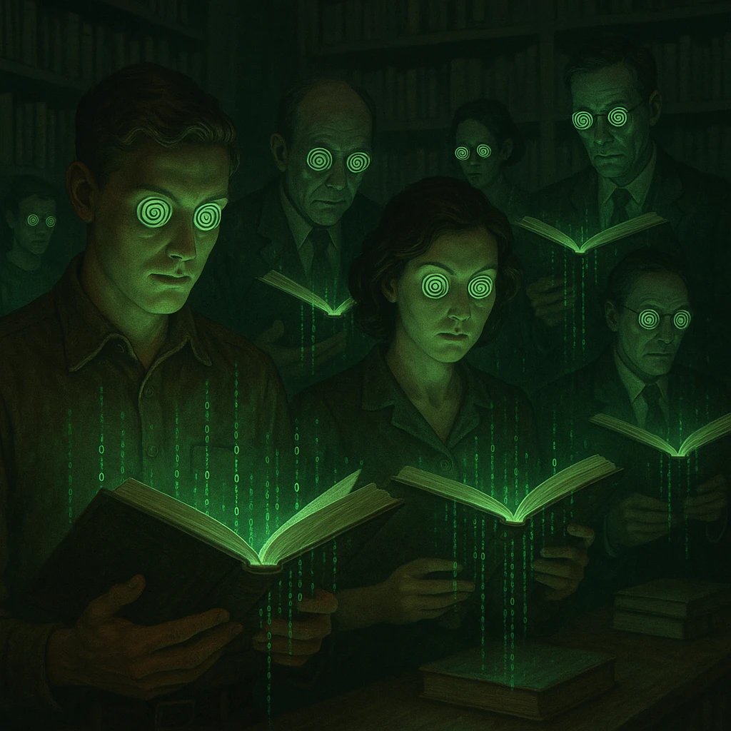 symbolic scene: people in a library, all with hypnotized eyes, reading books emitting green light and digital codes, surreal and controlled environment, 4K quality emoji
