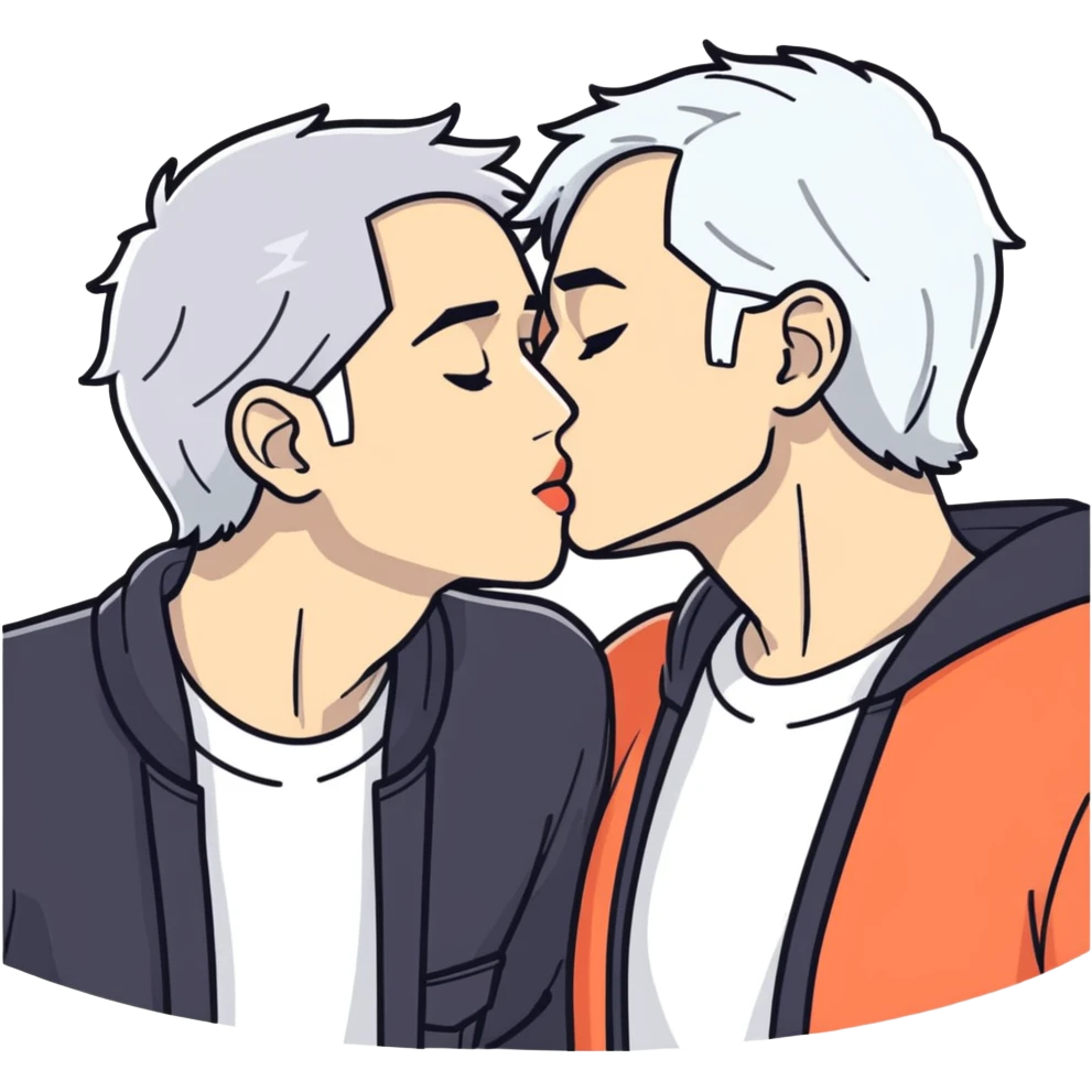 White dark hair adult male and black adult male kissing emoji