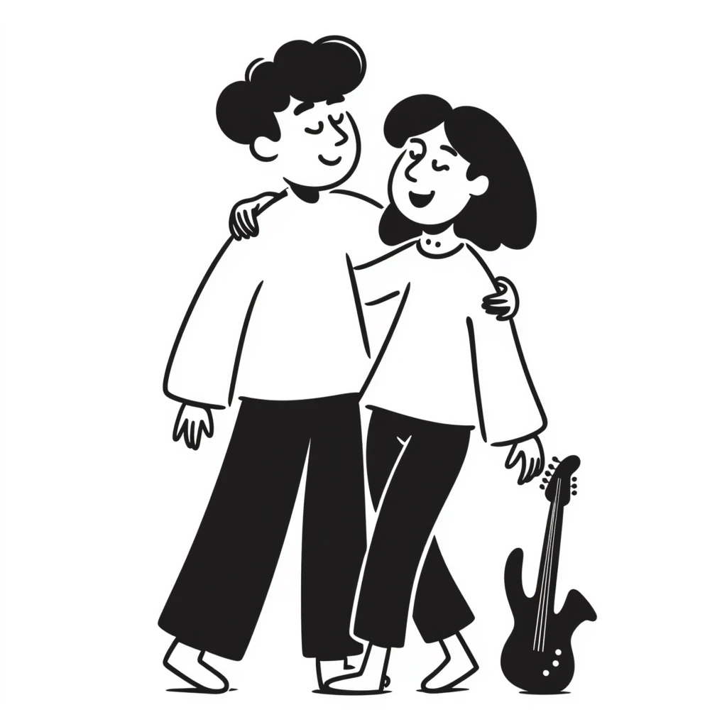 Two musicians standing side by side, both facing forward, with one's arm over the other's shoulder in a friendly side hug, both smiling, musical instruments nearby, fraternal camaraderie emoji