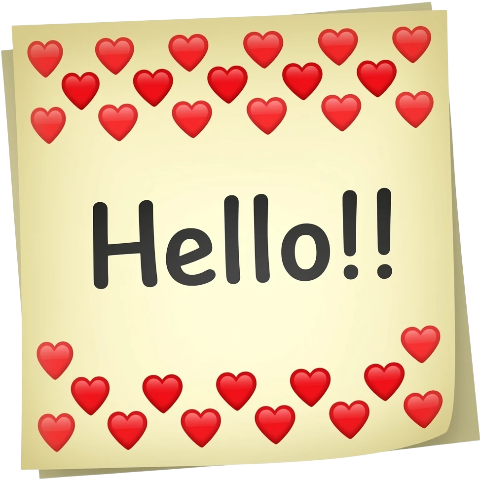 high quality, sticky note that says "Hello!!" with many, tiny red heart in transparent emoji