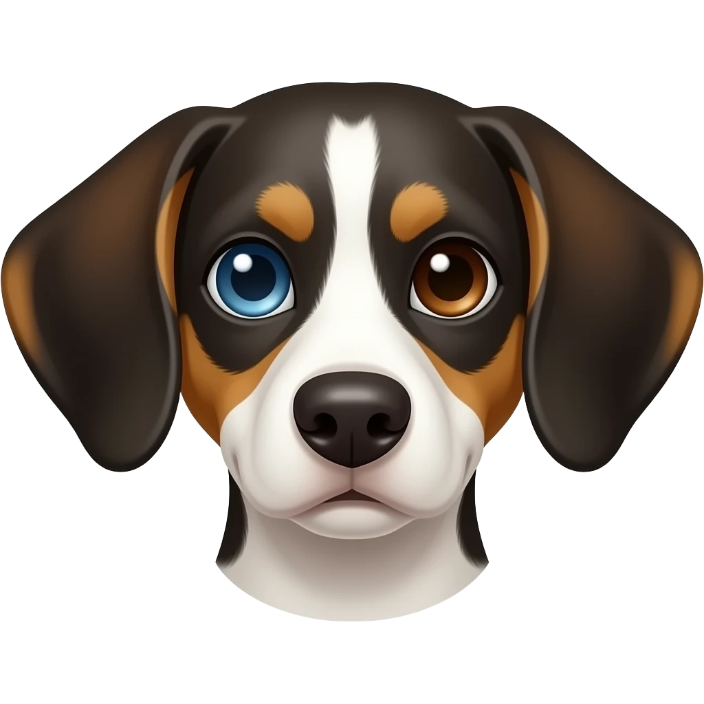 Frontal pic of Dalmatian beagle mix dog with one ice blue eye and one brown eye. Half face is white. Both ears are black brown emoji