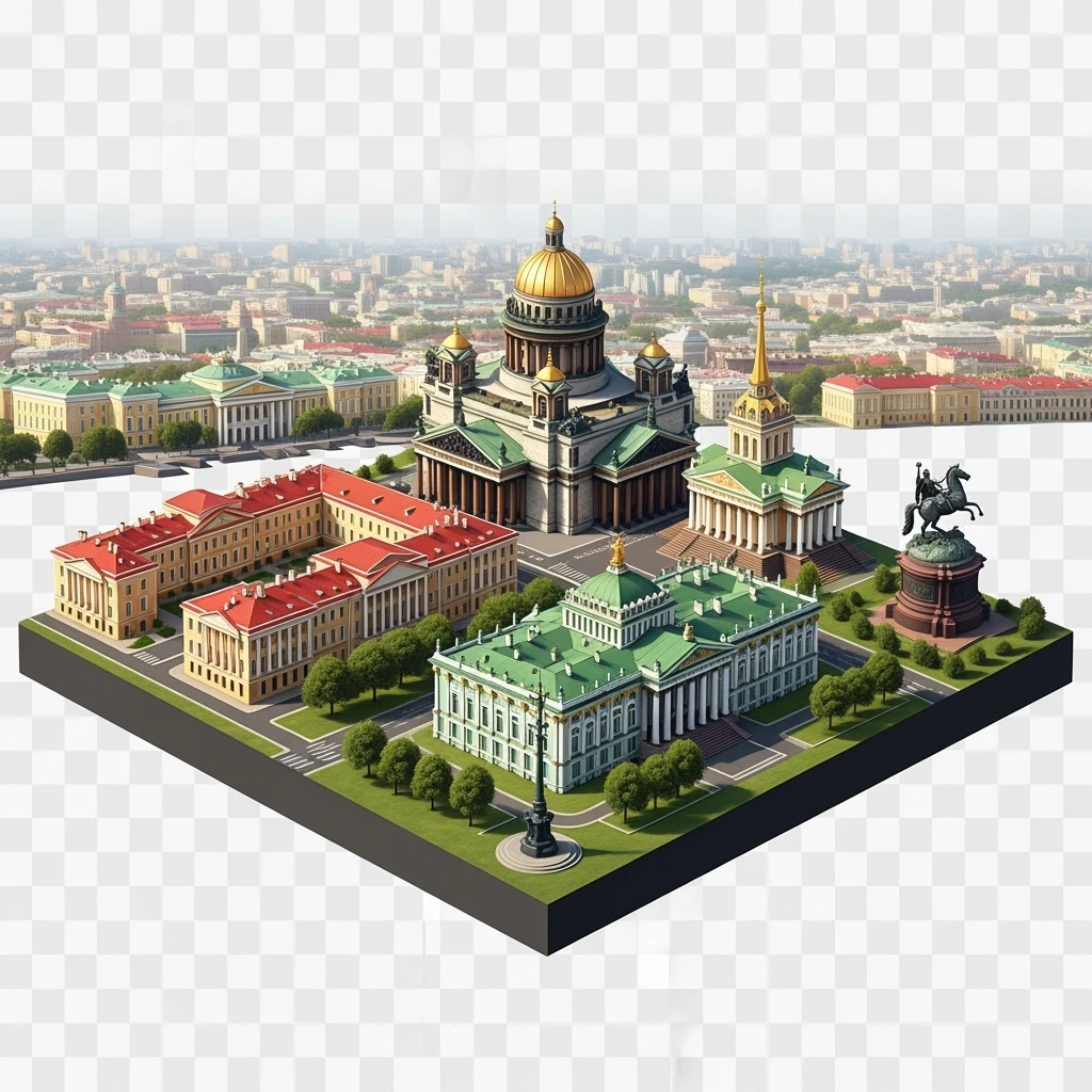 Изометрическая модель-иллюстрация Санкт-Петербурга с фотореалистичными достопримечательностями - Исаакиевский собор, Зимний дворец, Адмиралтейство, памятник Петру I, баланс между стилизацией и реализмом, эффект рисованной миниатюры Tift shift, прозрачный фон. emoji