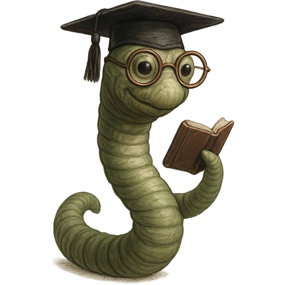 a realistic bookworm with a graduation cap, holding a small book emoji