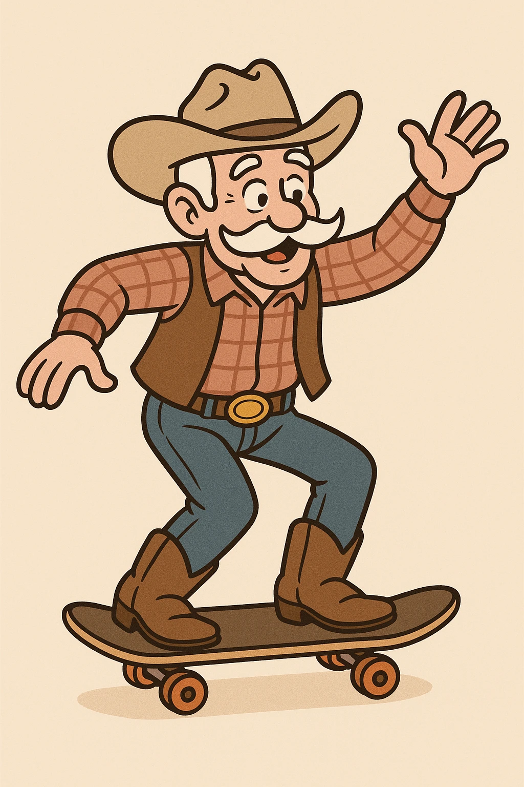 elderly cowboy with white mustache skateboarding, playful expression, classic western attire emoji