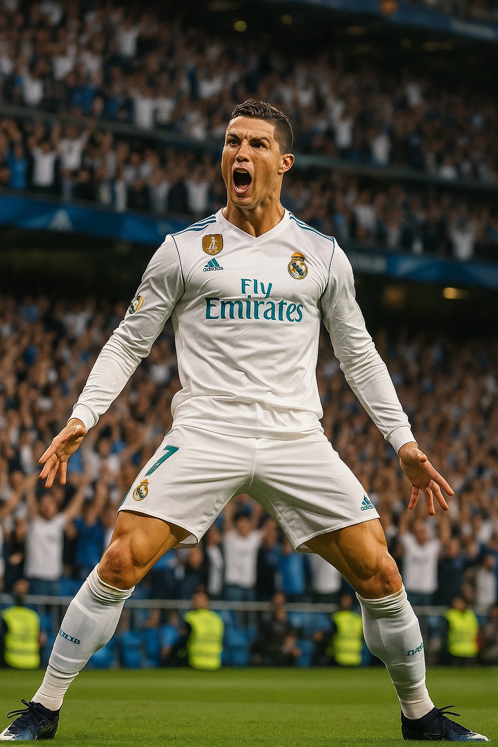 Cristiano Ronaldo celebrating a goal for Real Madrid, doing the 'siu' pose, energetic, with fans cheering in the background emoji