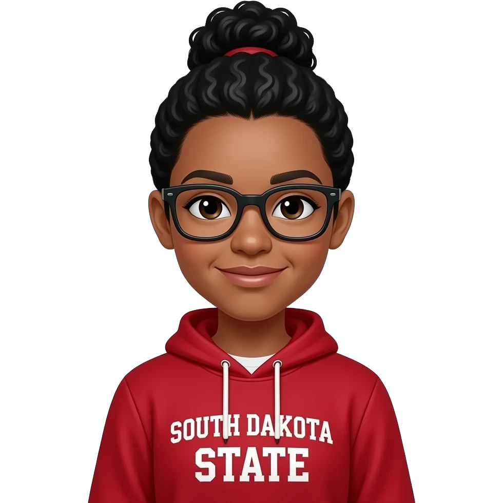 6th grade science teacher wearing a south dakota state red sweatshirt with black curly hair in a bun with black glasses skin color is white emoji