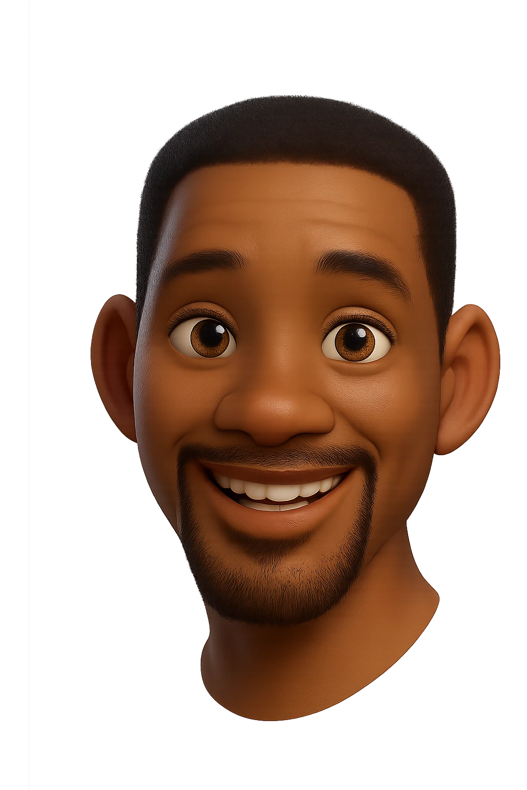 Redraw this character in a 3D Disney Pixar animation style with realistic lighting, soft textures, and expressive features. Keep the short black hair, brown eyes, and goatee. Make it look like a Disney Pixar character with a transparent background. emoji