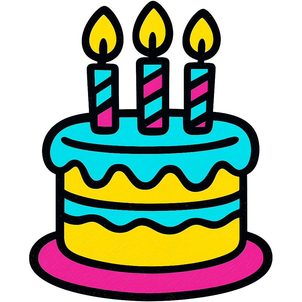 decorated cake with candles, festive and vibrant, pop colors style emoji