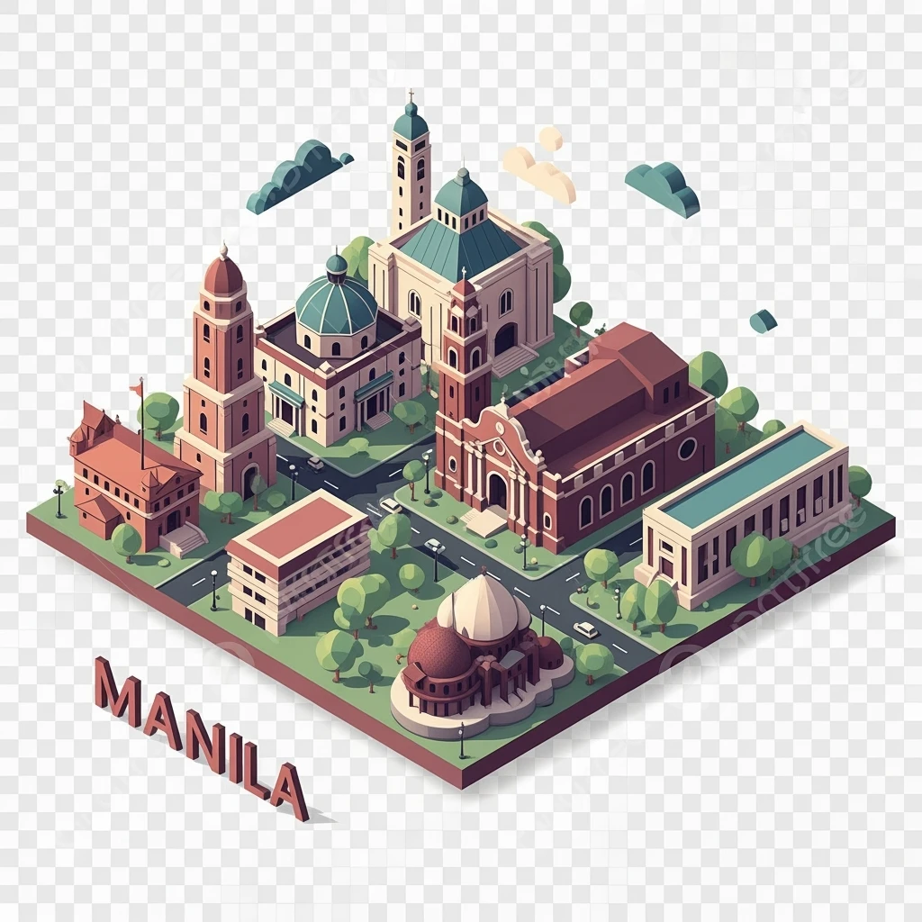 Isometric minimalistic illustration of Manila, subtle 3D miniature effect and Tilt Shift effect, no cartoonish look, transparent background. emoji