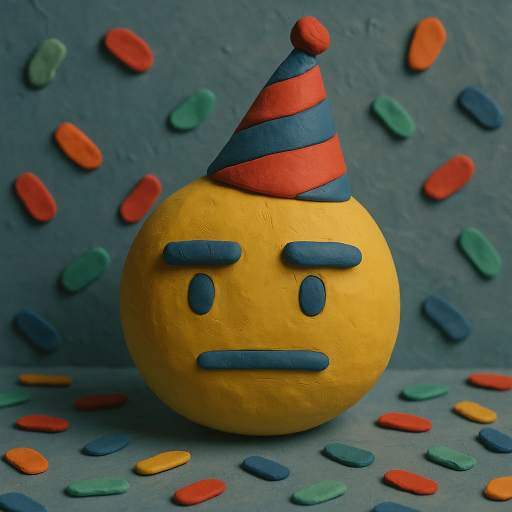 deadpan emoji with a straight mouth, wearing a party hat and surrounded by confetti, claymation style emoji