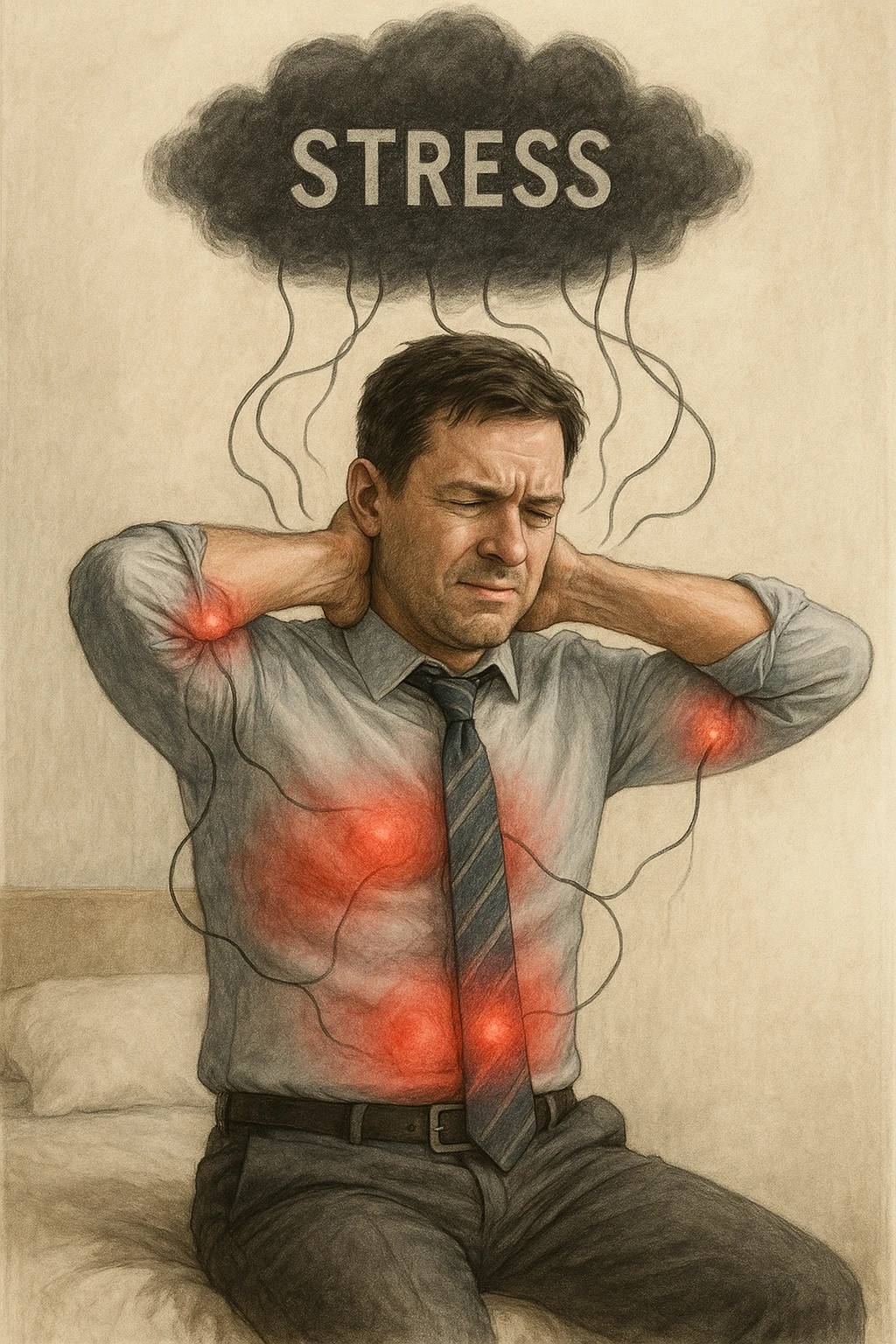 Uomo tra i 30 e i 40 anni in abiti da ufficio, seduto su una sedia o sul letto, con mani sul collo o sulla testa, visibilmente stressato. Attorno al corpo si vedono aree evidenziate di dolore (spalle, stomaco, schiena) rappresentate da leggere sfumature rosse o pulsanti. Sopra la sua testa, una nuvola scura con la parola 'Stress' scritta dentro, collegata al corpo con fili o nervi tesi. L'espressione dell’uomo è di frustrazione ma anche convinzione: crede che sia solo lo stress. Stile realistico con accenti simbolici psicofisici emoji