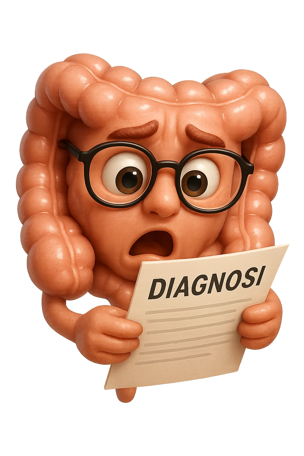 EMOJI STILE IPHONE DI UN INTESTINO CON GLI OCCHIALI CHE LEGGE UN FOGLIO CON LA SCRITTA DIAGNOSI, ESPRESSIONE STUPITA IN VOLTO, IPERREALISTICO 4K emoji