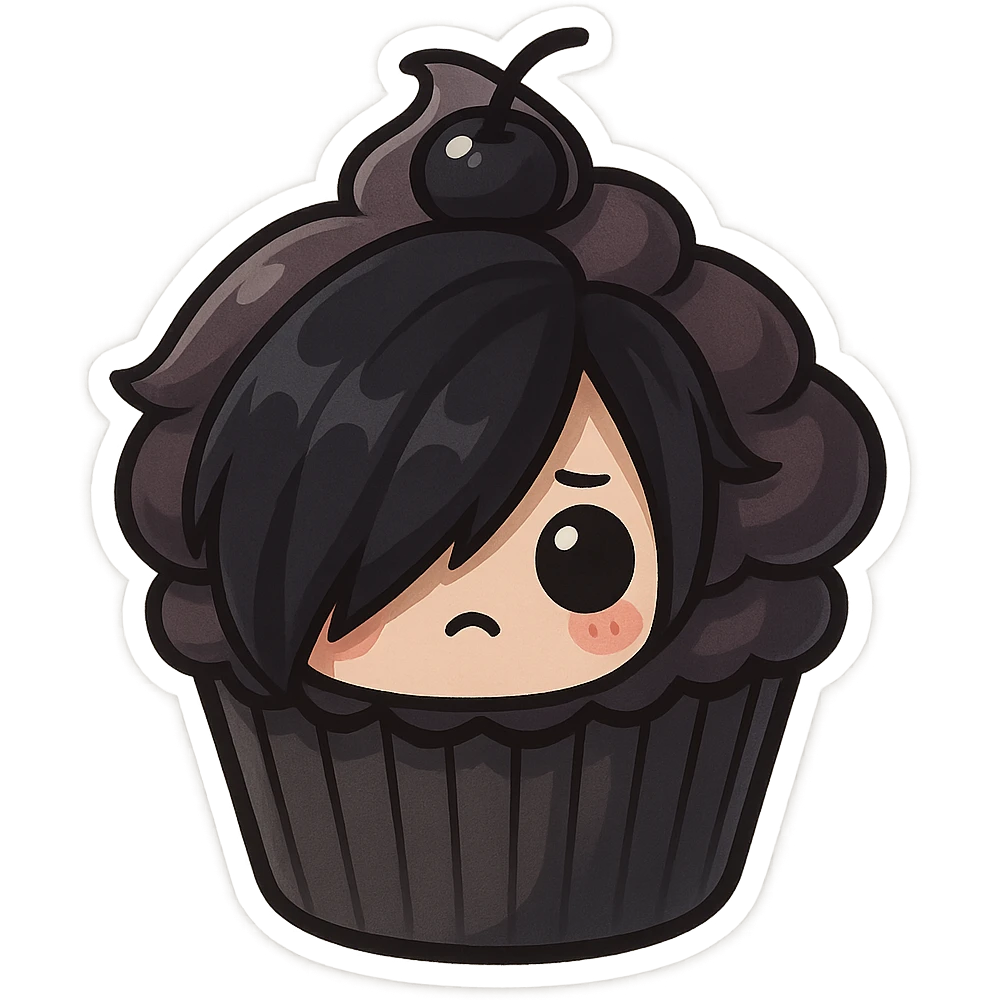 chibi sticker-style cupcake with an emo vibe, dark colors, side-swept bangs, cute and exaggerated emoji