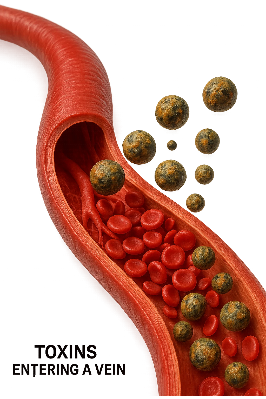 tossine che entrano in una vena umana anatomica realistica, vista dall'alto, iperrealistica 4k emoji