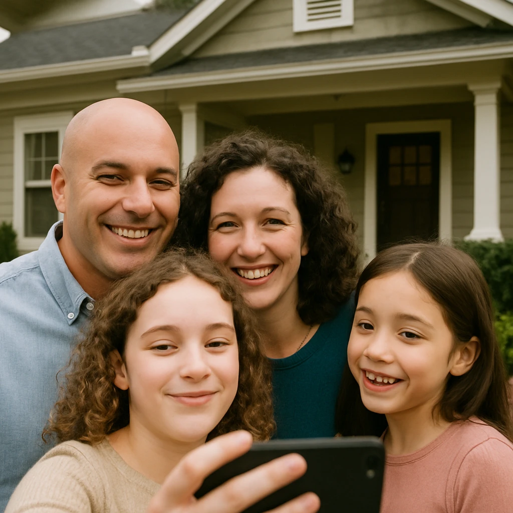 A family of four taking a selfie in front of a house: a bald dad with medium light skin, a mom with curly hair and pale skin, an older daughter with curly hair and pale skin holding the phone, and a younger daughter with straight hair and medium light skin. The two sisters look amused, and the parents are smiling. emoji