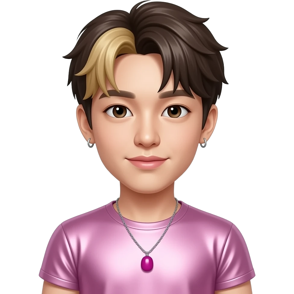Tae Young from 4*Town with white skin, dark brown eyes, dark brown hair with blonde dyed, pink metallic t-shirt, magenta necklace and short earrings emoji