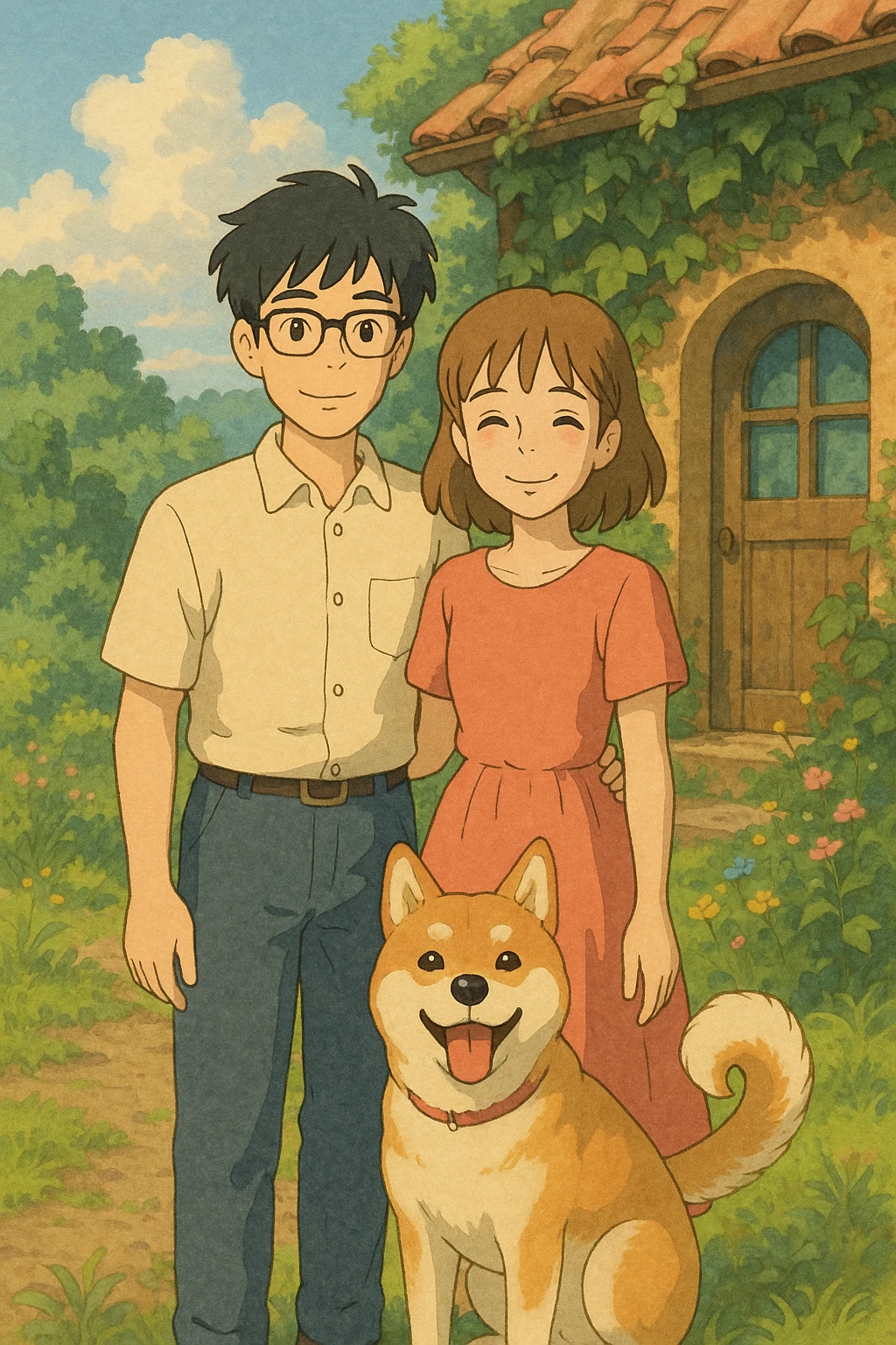 couple with pet posing for photo emoji