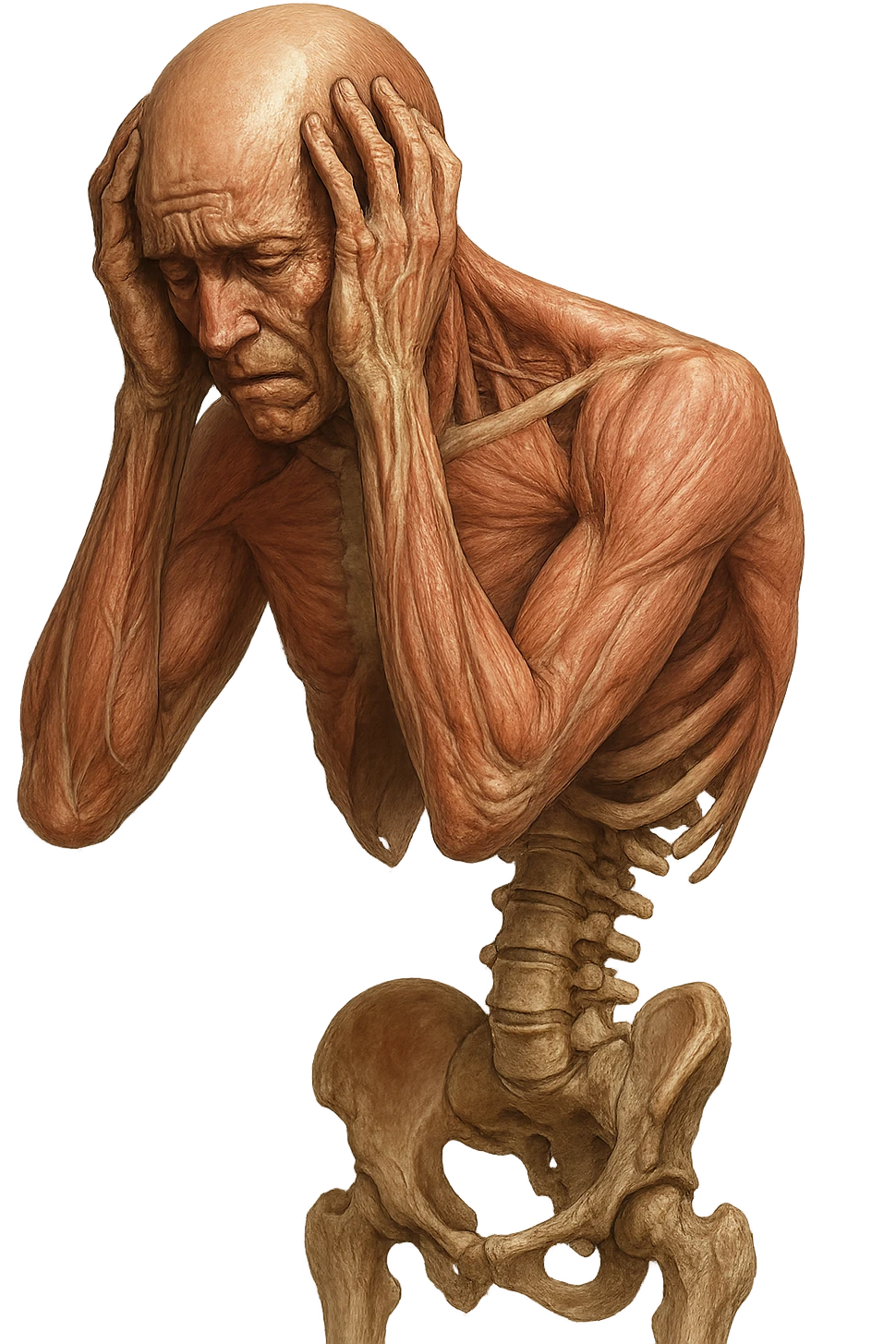 CORPO UMANO ANATOMICO con spina dorsale in evidenza, molto stanca e stressata mentre si tiene le mani sulla testa, IPERREALISTICO 4K emoji
