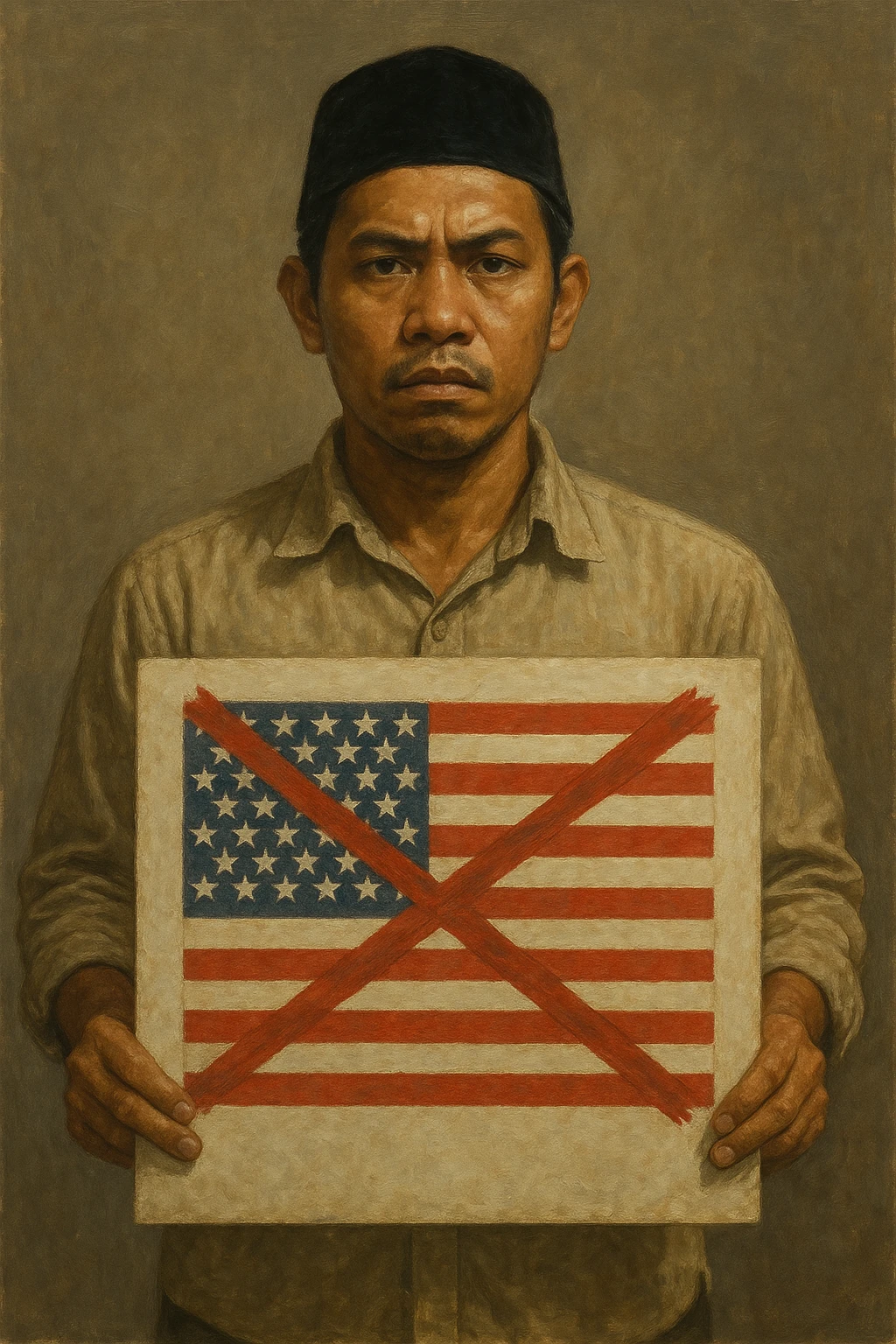 Сгенерируй мне как индонезииец стоит с плакатом где флаг сша ПЕРЕЧЕКРНУТ, олицетворяя что он против США. В стиле реалистичной живописи на однородном фоне emoji