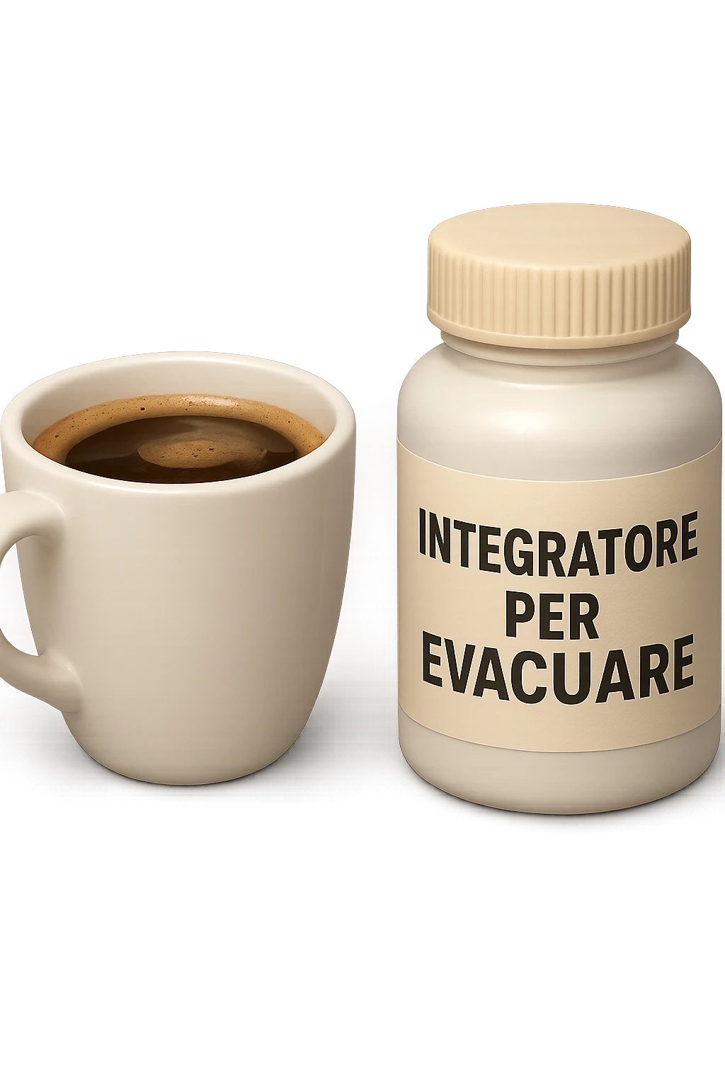 EMOJI STILE IPHONE 3D DI un caffè e di una boccetta di integratore con la scritta "INTEGRATORE PER EVACUARE" SULL'ETICHETTA, iperrealistico 4k emoji