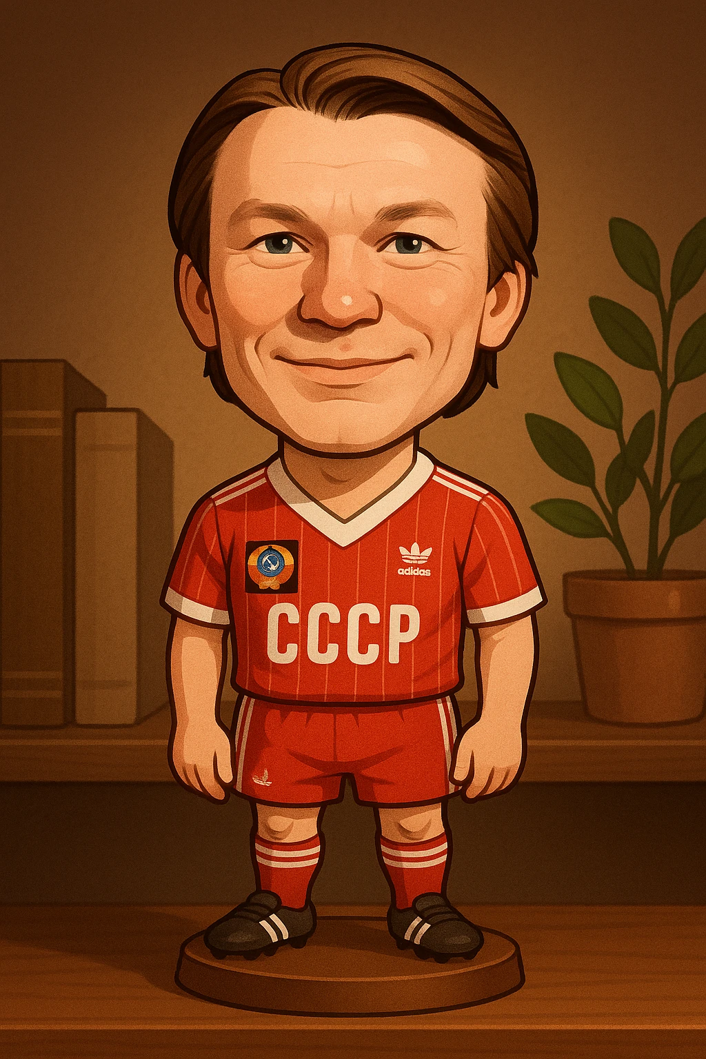 Олег Блохин в форме сборной СССР 1975 года смотрит на прямо на зрителя и слегка улыбается, освещение с левой верхней стороны кадра emoji