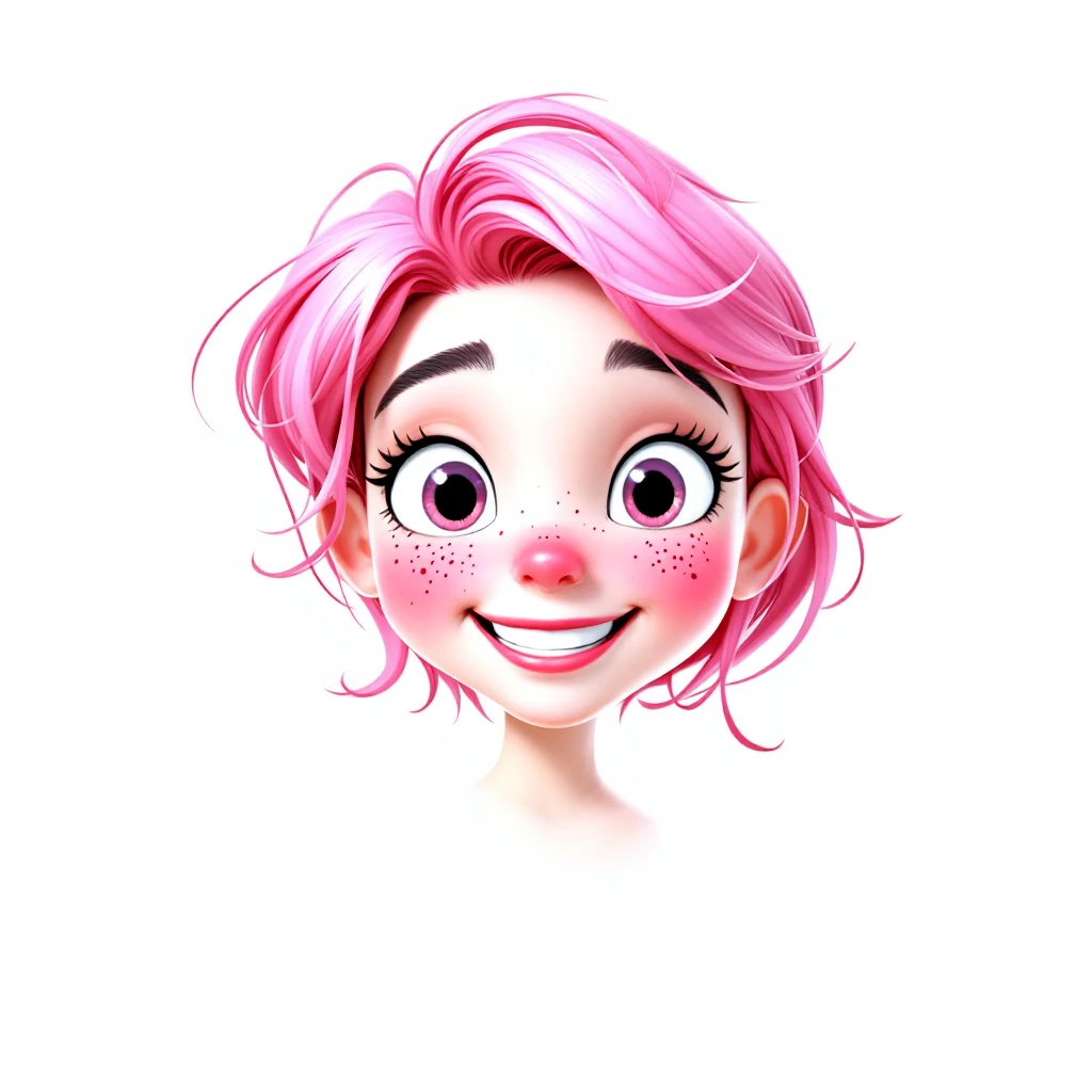 3D Disney style character with happy expression, pink hair, freckles, transparent background emoji