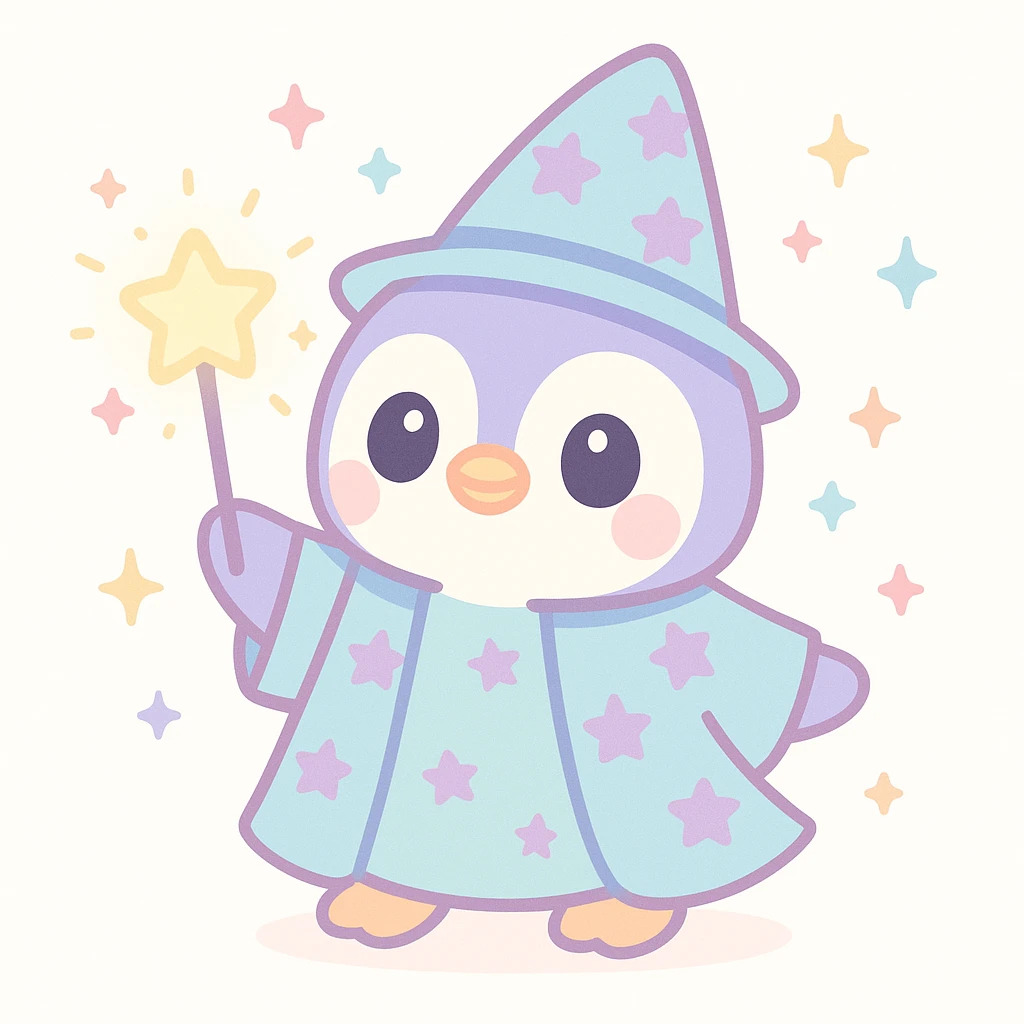 cute penguin wizard with a starry robe and a glowing wand, magical sparkles around emoji