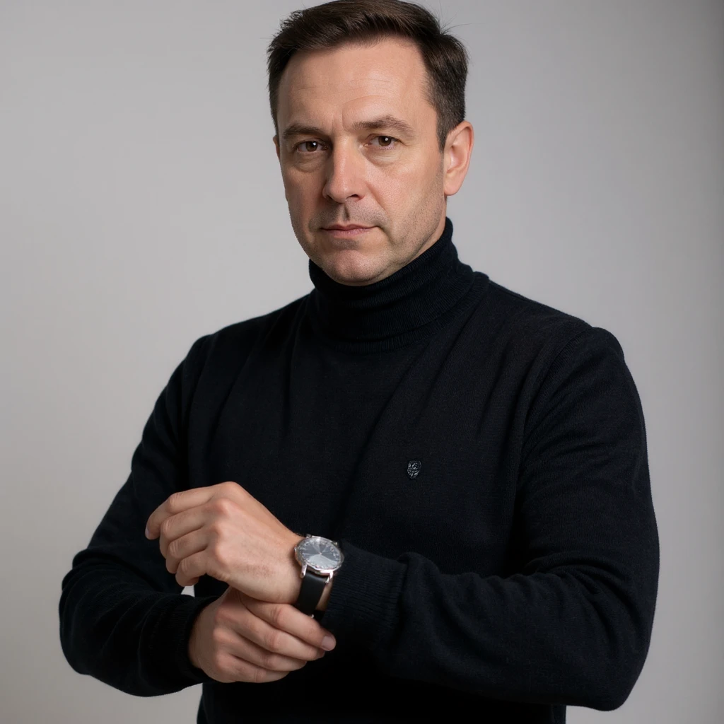 Vertical 2:3 photograph inspired by the reference image, featuring an elegant man in a black sweater, fasting theme. The man is looking at a watch to mark the start of the fast, in a minimalist environment with an atmosphere of anticipation. Realistic style, clearly conveying the concept of fasting. emoji