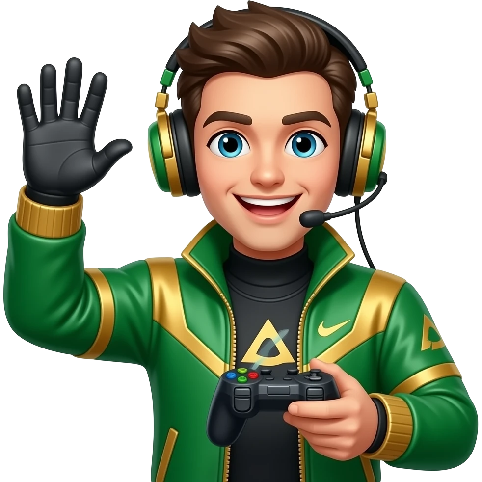 gamer wearing green and gold, waving emoji