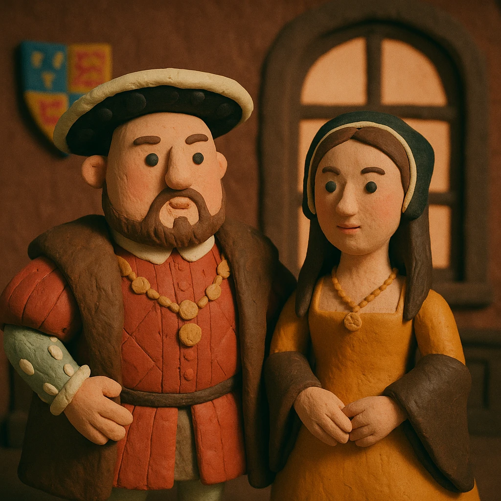 Henry VIII and Anne Boleyn in a Tudor palace in claymation style emoji