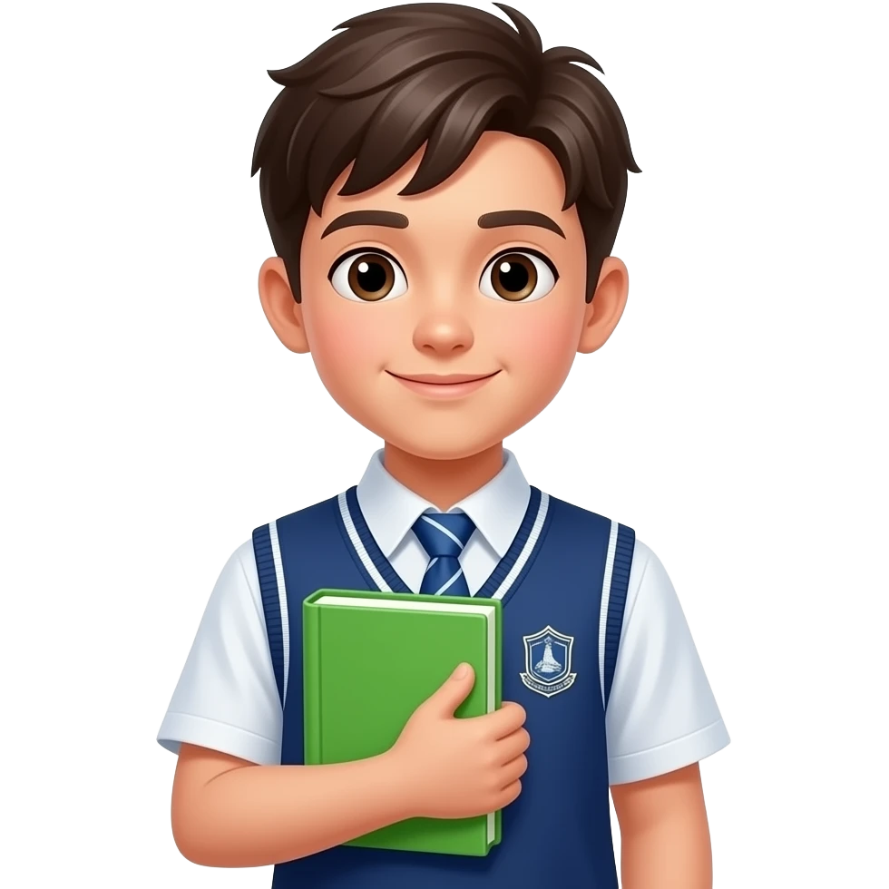 student boy in school uniform and hold vibrant green close book in front of their chest emoji