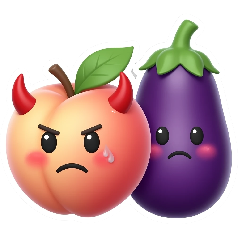 A glossy 3D peach and eggplant emoji sticker with cheeky dirty-minded expressions, playful tension, blushing cheeks, sweat drops, tiny devil horns, forbidden fruit humor, suggestive adult emoji style, clean transparent background, soft shadow, high quality, no text, no watermark, non-explicit emoji