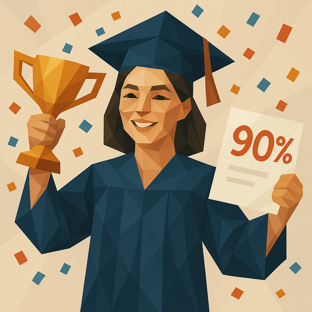 Change the student to a female student, keep the trophy and paper showing 90%, confetti in the air, modern illustration style. emoji