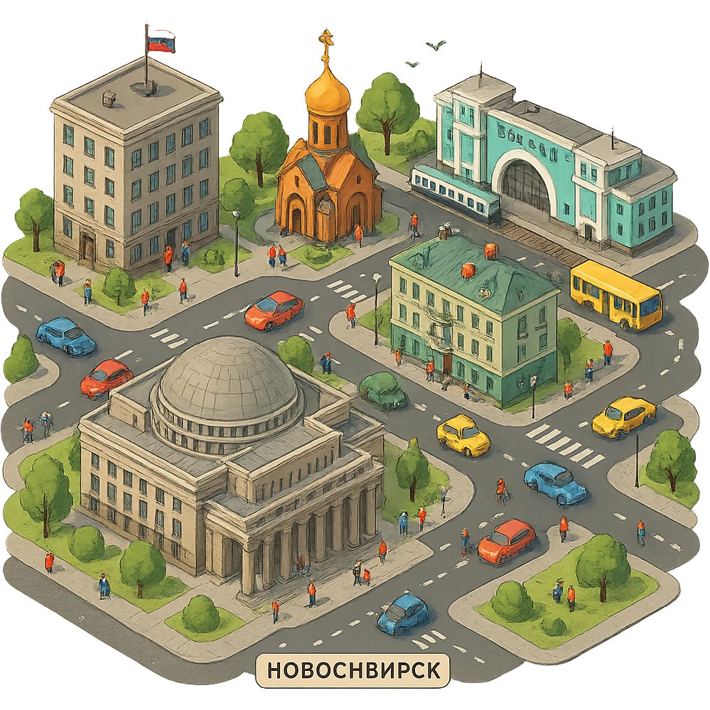 Изометричная миниатюрная фотореалистичная 3D модель Новосибирска, четкая детализация, яркие цвета, мультяшный реализм, люди, автотранспорт, компактная композиция, вид сверху в изометрии, прозрачный фон emoji