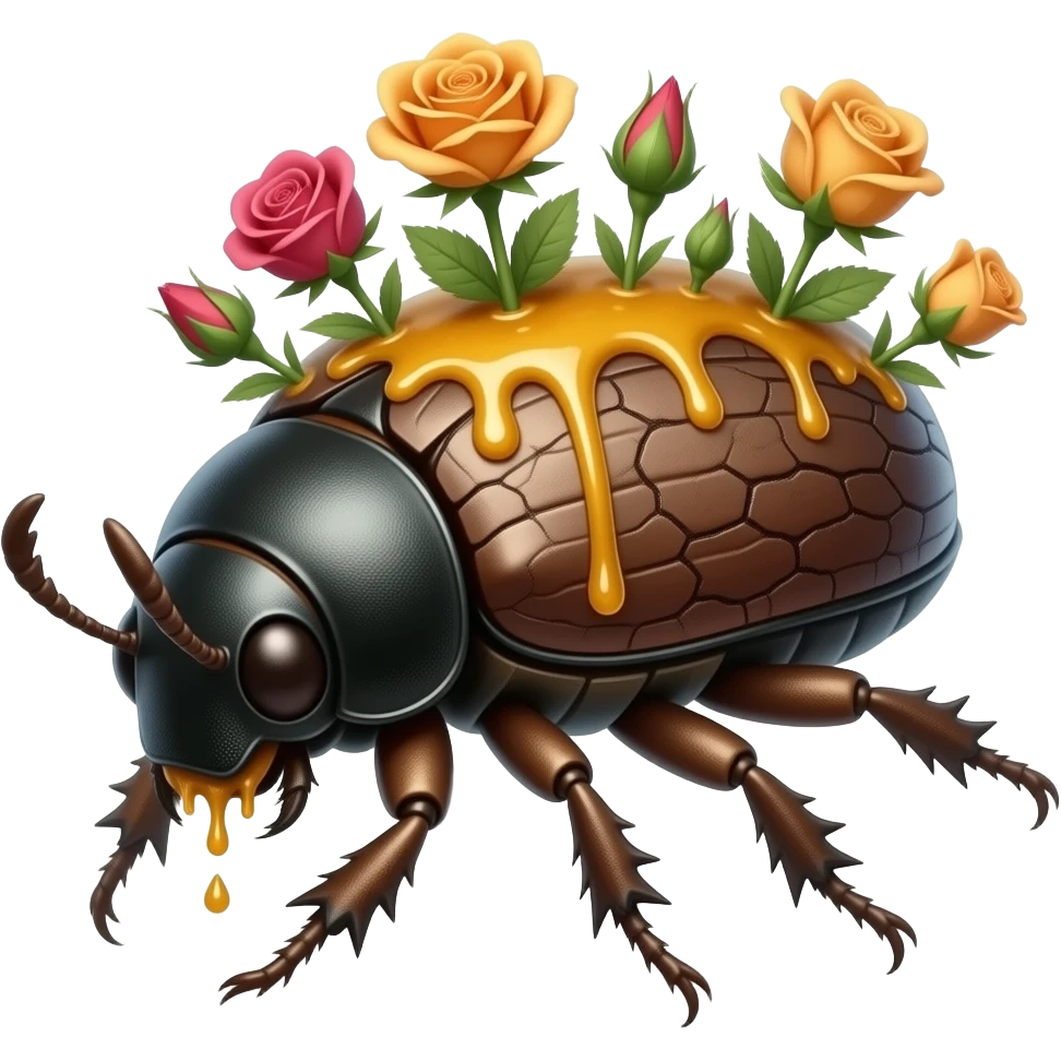 Saprawl A slow forest beetle crawler with sticky amber sap running through cracks in its bark-like body. it's made of bark but has a few flowers blooming, it has rose spikes and runs fast with all its limbs emoji