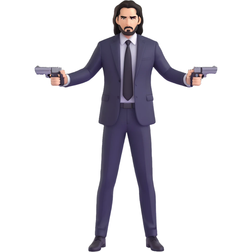 John Wick in black suit and tie, long dark hair, intense stare, action pose emoji
