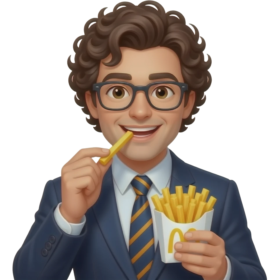curly hair man with suit with specs eating french fries emoji