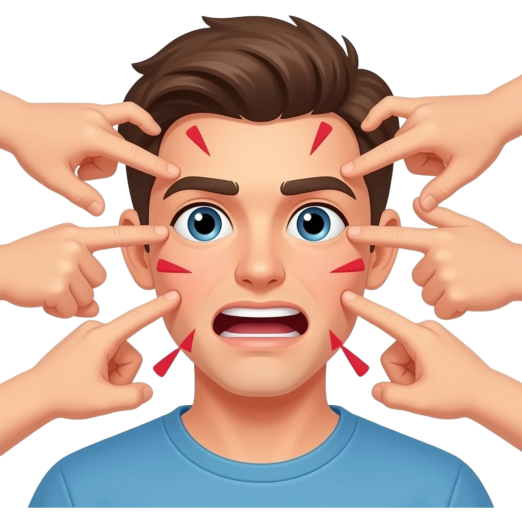 Young white male getting hit in the face repeatedly by multiple hots emoji