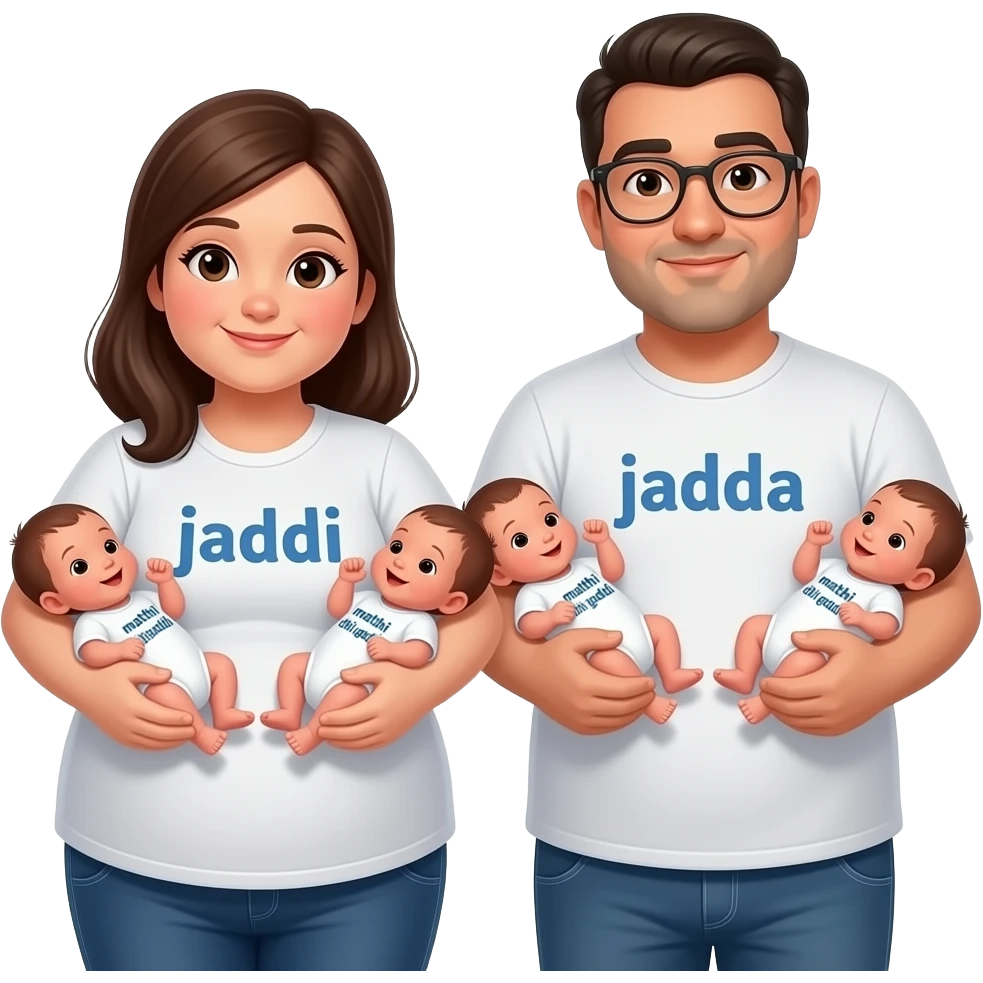 Bunch of childs 12 baby newborn seating on the his mother and father hand mother is very fat and father also far father where glasses and in mothor cloth print"jaddi",father cloths print"jadda",and childs clothes print"matthi chi gaddi". emoji