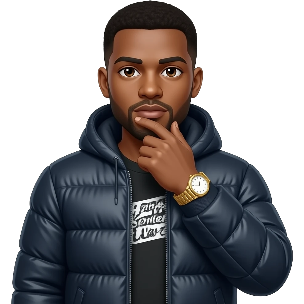 Black guy named Stackpack puffy jacket that says Stackpack from gender warz on it. Gold watch. emoji