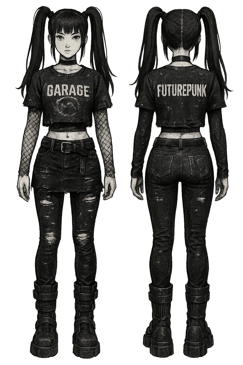 1 female outfit design for a VTUBER OC. The style is mixed 90's grunge, punk, lots of black and white in the color scheme, futuristic aesthetic. Clothing has small rips and tears from wear, logos and designs are faded. Garage, Shoegaze, postmodern style. character design concept art outfit for a female. [[FUTUREPUNK CYBERGOTH]] front on view, not 3/4 angle or any angle, perfect front, front and back view of each design,  emoji