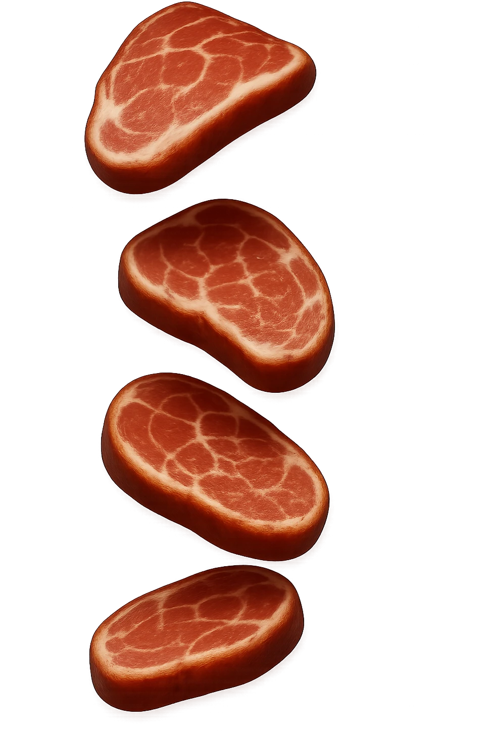 emoji stile iphone in 3d di fette di carne che cadono verticalmente dall'alto, iperrealistico 4k emoji