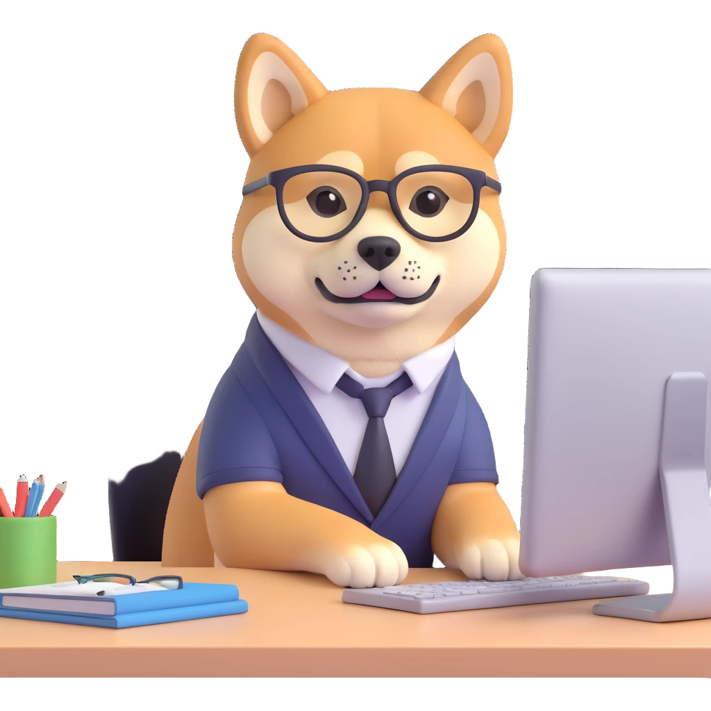 shiba inu with eye glasses and computer emoji