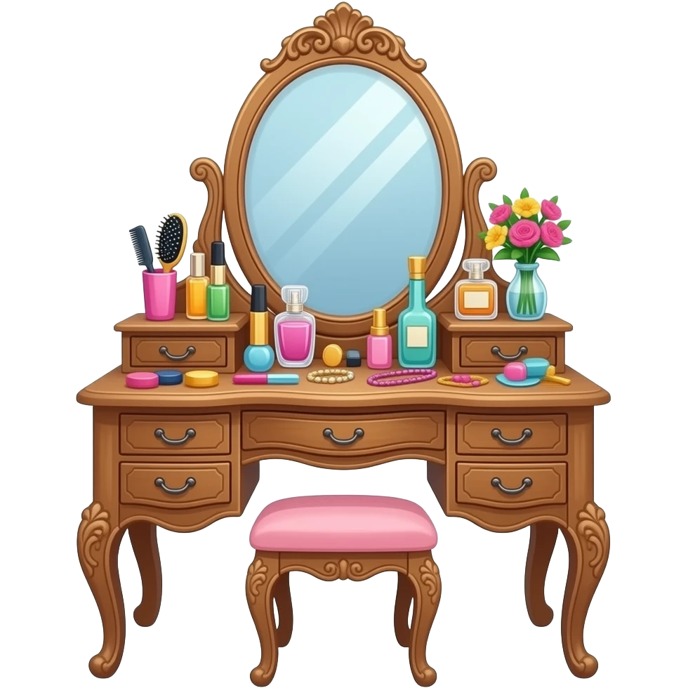 Uma penteadeira lotada de objetos femininos emoji